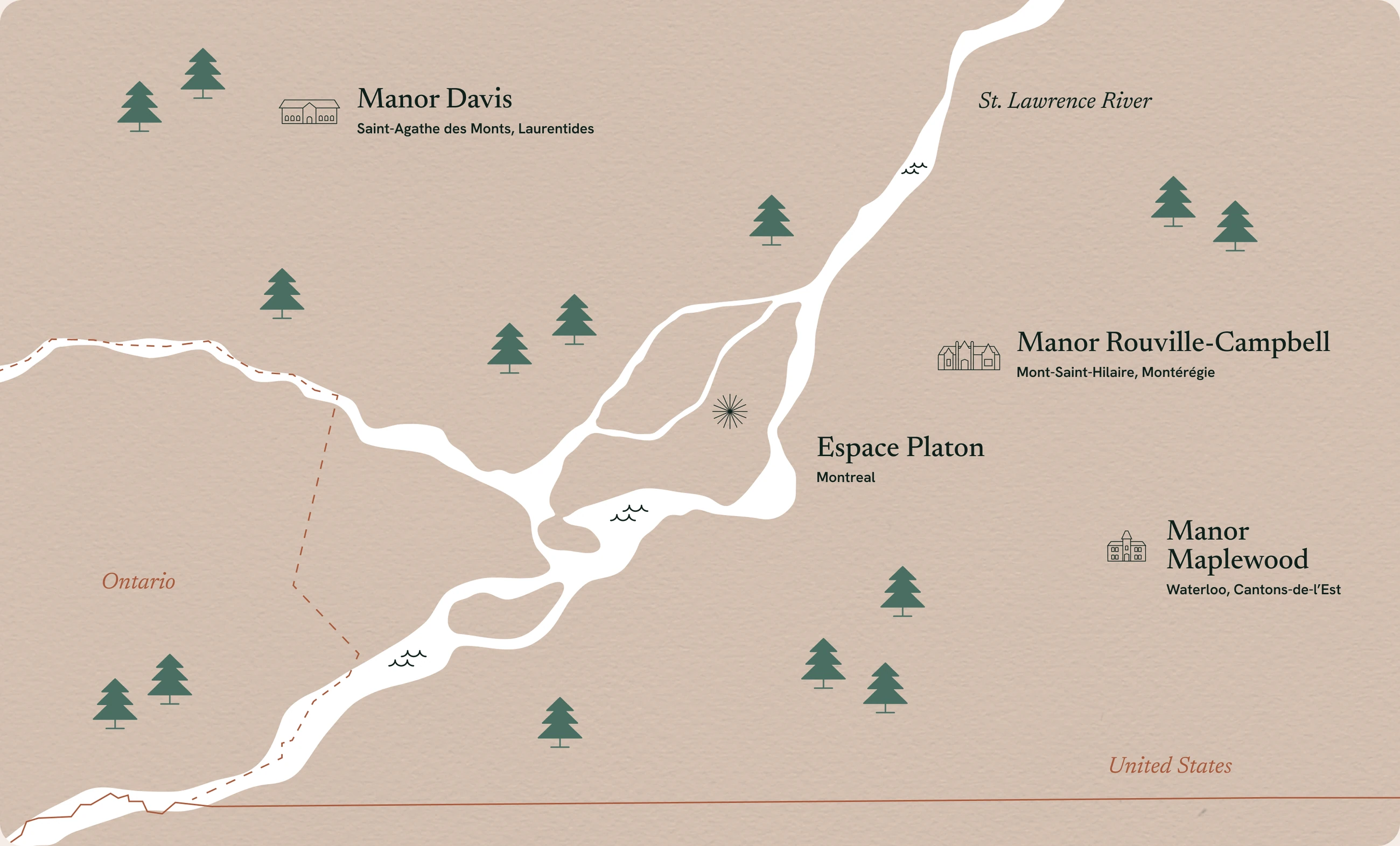 Illustrated map of the Belvoir manors and Espace Platon across Québec