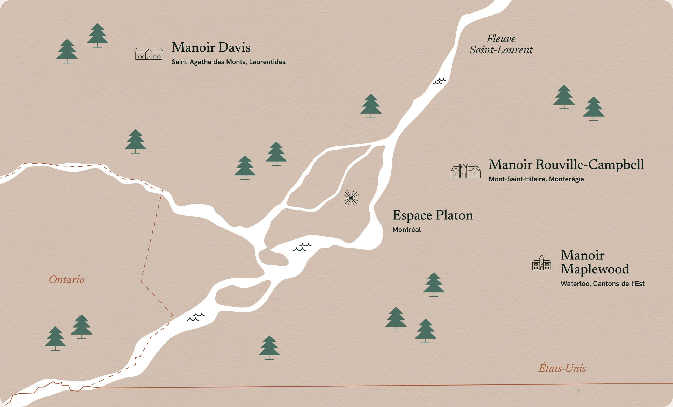 Carte illustrée des manoirs Belvoir et de l'Espace Platon à travers le Québec